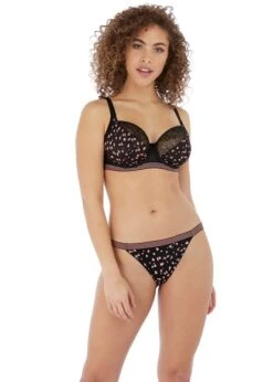 Freya Wild Black Rose Brazilian Thong Freya -Lingerie Store Freya Lingerie Wild Black Rose Plunge Bra Brazilian thong front Knicker Locker