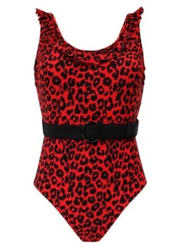 Pour Moi Frill Neck Belted Red Leopard Swimsuit Pour Moi 10 Pour Moi Frill Neck Belted Red Leopard Swimsuit Pour Moi -Lingerie Store Pour moi frill red leopard swimsuit flat knicker locker