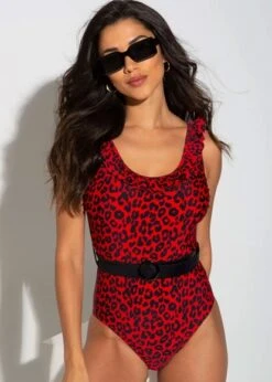 Pour Moi Frill Neck Belted Red Leopard Swimsuit Pour Moi